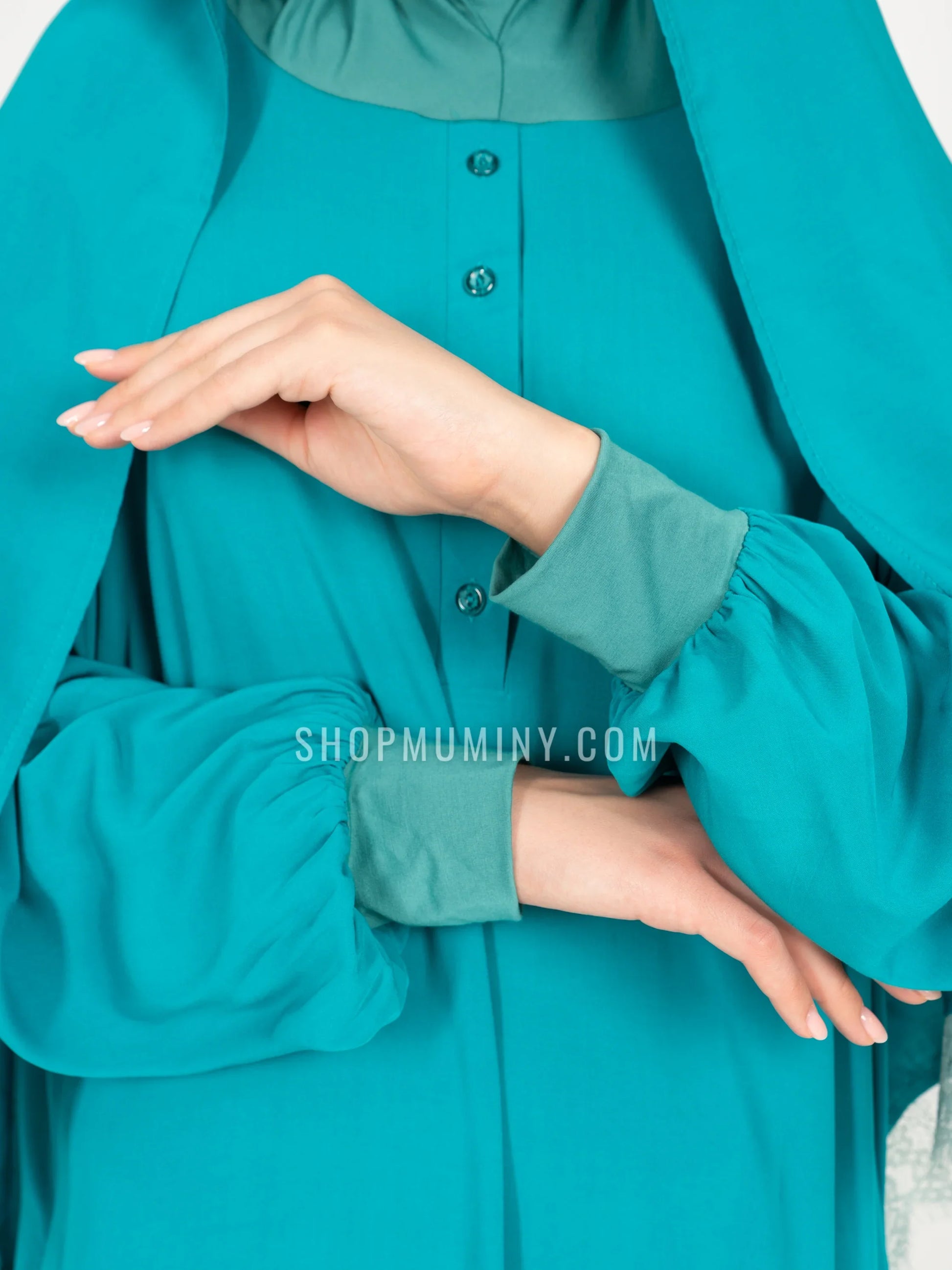 One-Piece Prayer Dress With Scarf: Teal Twilight - Handmade One-Piece Prayer Dress With Scarf from Muminy