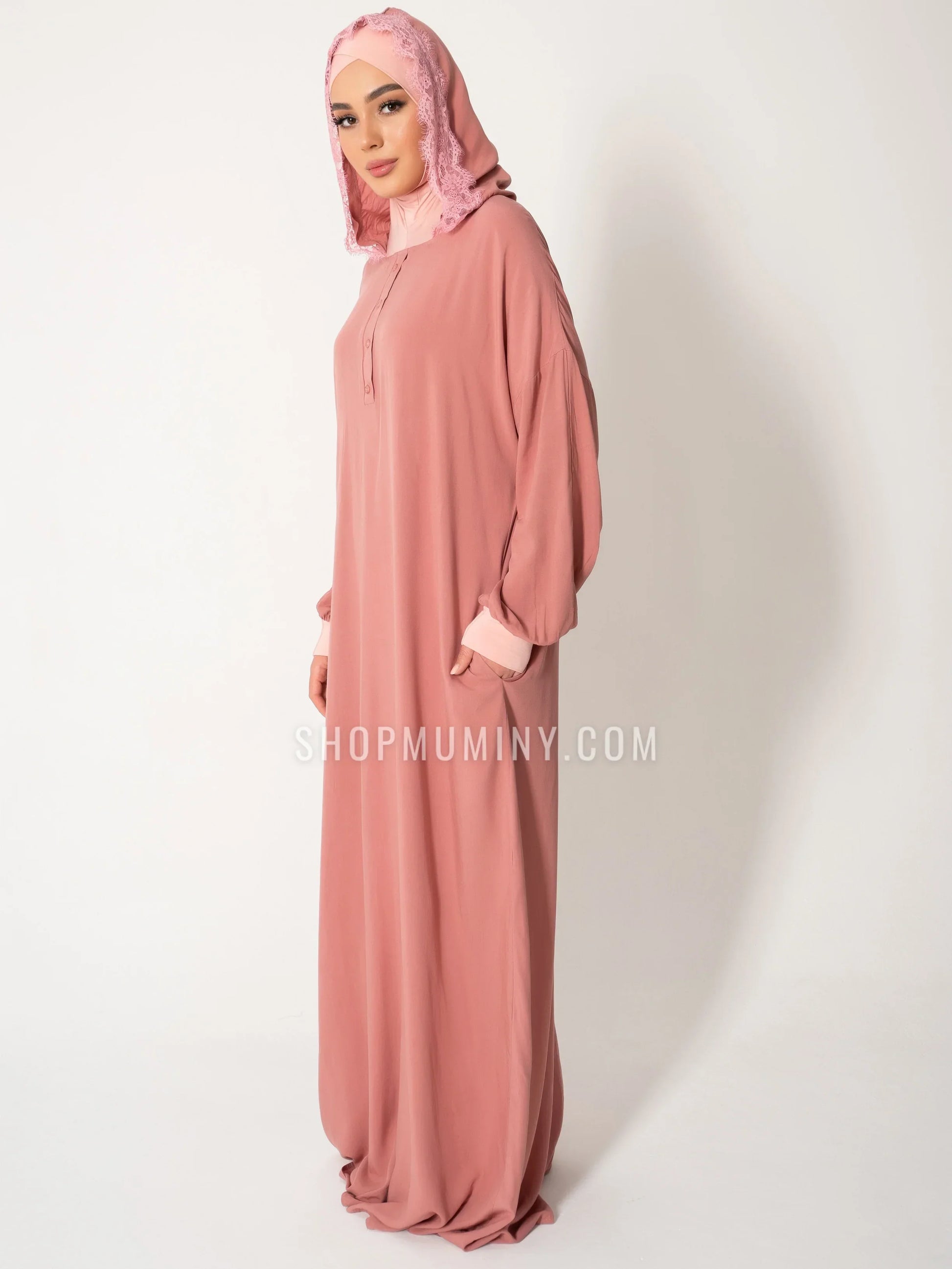 Hooded One-Piece Prayer Dress: Rosey Bliss - Handmade Hooded One-Piece Prayer Dress from Muminy