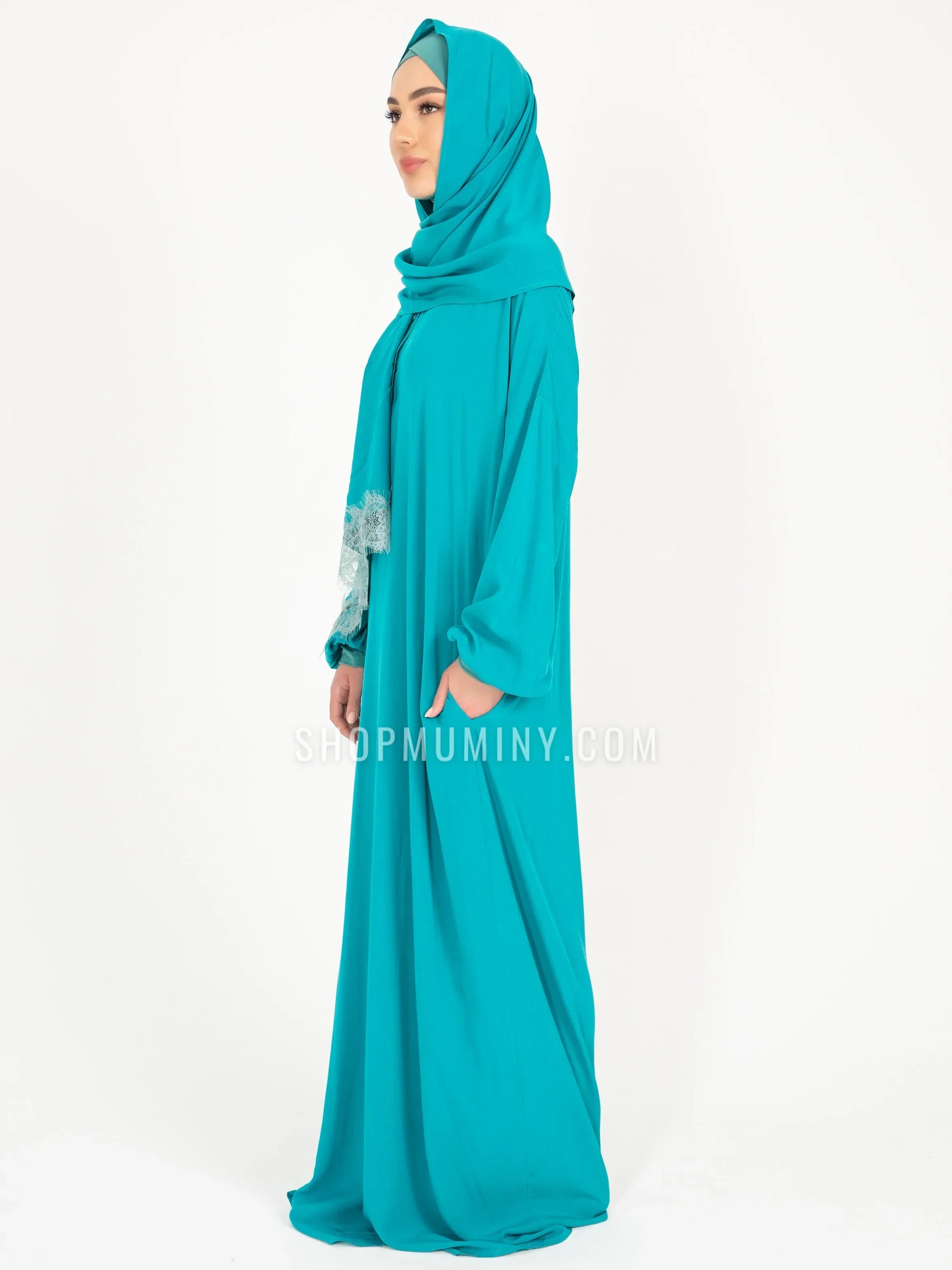 One-Piece Prayer Dress With Scarf: Teal Twilight - Handmade One-Piece Prayer Dress With Scarf from Muminy