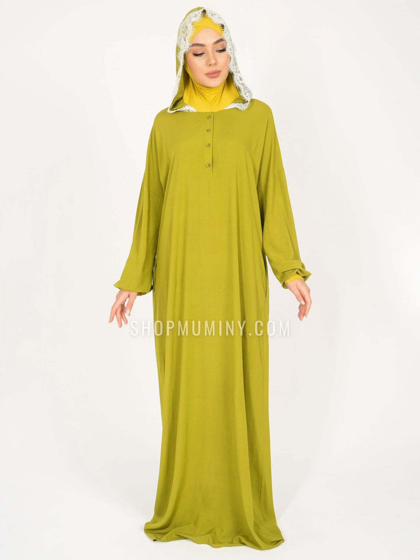 Hooded One-Piece Prayer Dress: Luminous Lime - Handmade Hooded One-Piece Prayer Dress from Muminy