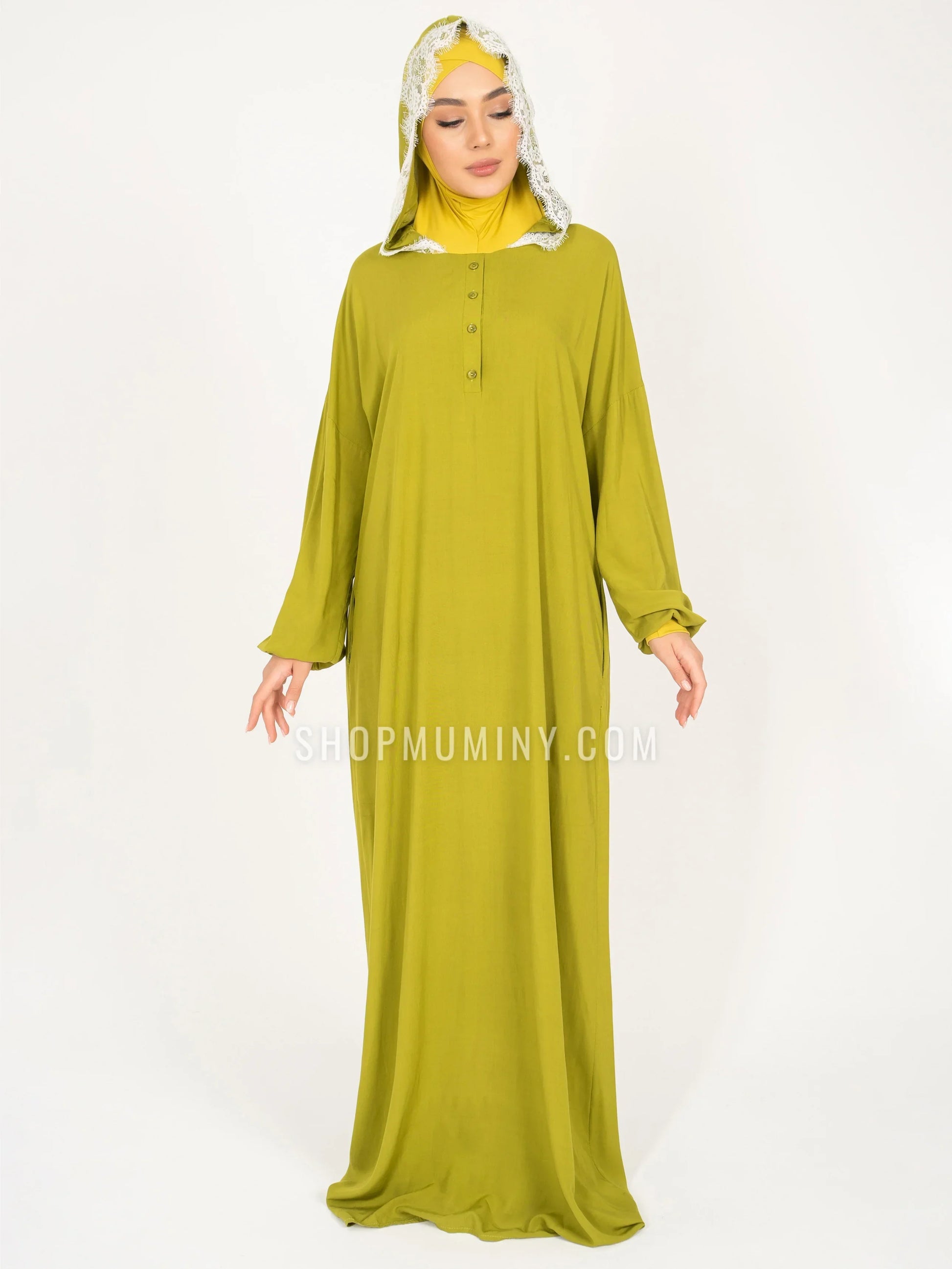 Hooded One-Piece Prayer Dress: Luminous Lime - Handmade Hooded One-Piece Prayer Dress from Muminy