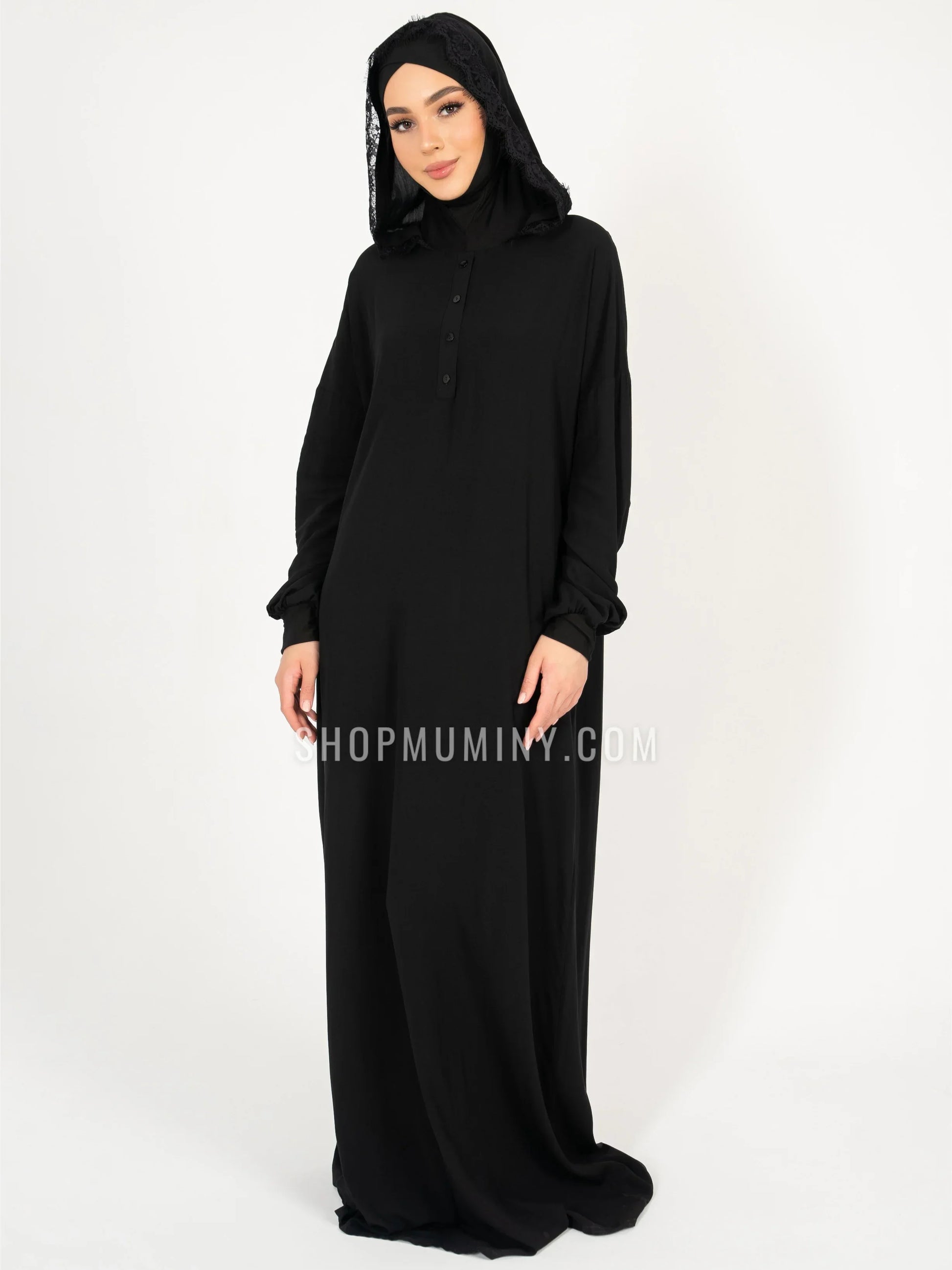 Hooded One-Piece Prayer Dress: Midnight Noir - Handmade Hooded One-Piece Prayer Dress from Muminy